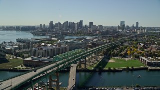 5.5K aerial stock footage of Downtown Boston skyline, Tobin Memorial Bridge, Charlestown, Massachusetts Aerial Stock Footage | AX142_187E