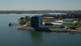 5.5K aerial stock footage approaching the John F. Kennedy Presidential Library, Boston, Massachusetts Aerial Stock Footage | AX142_216E