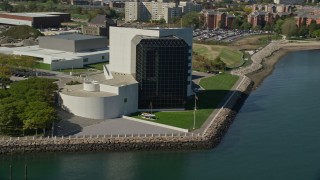 5.5K aerial stock footage orbiting the John F. Kennedy Presidential Library, Boston, Massachusetts Aerial Stock Footage | AX142_221E