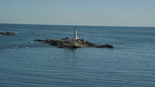 AX142_255E - 5.5K aerial stock footage approaching the Boston Light, Little Brewster Island, Boston Harbor, Massachusetts