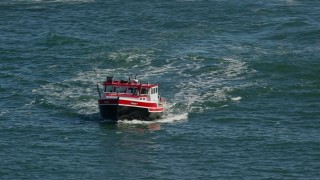 5.5K aerial stock footage tracking a lobster fishing boat, Boston Harbor, Massachusetts Aerial Stock Footage | AX142_271