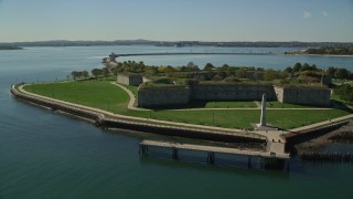 AX142_288E - 5.5K aerial stock footage flying slowly, closely by Fort Independence, Boston, Massachusetts