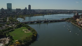 5.5K aerial stock footage approaching and flying over the Longfellow Bridge, Boston, Massachusetts Aerial Stock Footage | AX142_302E