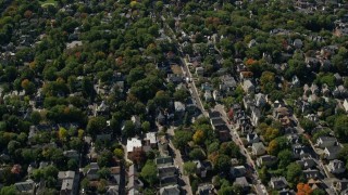 5.5K aerial stock footage flying over suburban residential neighborhood, Jamaica Plain, Massachusetts Aerial Stock Footage | AX142_311E