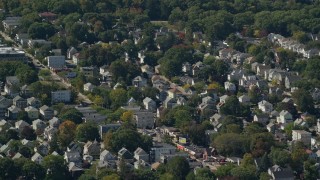 5.5K aerial stock footage flying by small residential town, Roslindale, Massachusetts Aerial Stock Footage | AX142_315E