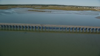 AX143_072E - 5.5K aerial stock footage of cars on Powder Point Bridge, Duxbury, Massachusetts