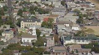 5.5K aerial stock footage of Unitarian Universalist Meeting House, Provincetown Town Hall, Provincetown, Massachusetts Aerial Stock Footage | AX143_236