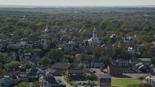 5.5K aerial stock footage of a coastal community, Unitarian Universalist Church, Nantucket, Massachusetts Aerial Stock Footage | AX144_077E