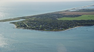 AX144_128 - 5.5K aerial stock footage flying by coastal community, Edgartown, Martha's Vineyard, Massachusetts