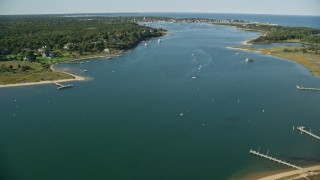 AX144_130E - 5.5K aerial stock footage flying over Katama Bay, Edgartown, Martha's Vineyard, Massachusetts