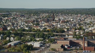 6k aerial stock footage of a residential neighborhood, St Anthony of Padua Parish, New Bedford, Massachusetts Aerial Stock Footage | AX144_198