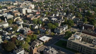 6k aerial stock footage flying by buildings, Trinity United Methodist Church, New Bedford, Massachusetts Aerial Stock Footage | AX144_200E