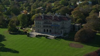 AX144_257 - 6k aerial stock footage flying by The Breakers, mansion, Newport, Rhode Island