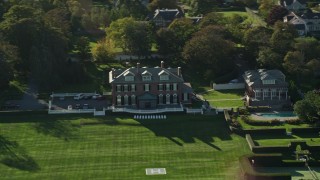 6k aerial stock footage flying by an estate, green lawns, Newport, Rhode Island Aerial Stock Footage | AX144_259