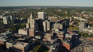 AX145_047E - 6k aerial stock footage orbiting buildings and skyscrapers, Downtown Providence, Rhode Island