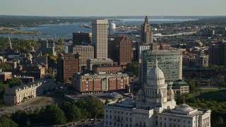 6k aerial stock footage flying over the Rhode Island State House toward Downtown Providence, Rhode Island Aerial Stock Footage | AX145_055E