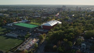 AX145_066 - 6k aerial stock footage orbiting buildings at Brown University, Providence, Rhode Island