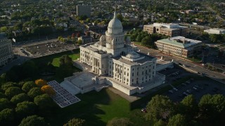 AX145_086E - 6k aerial stock footage approaching the Rhode Island State House, Downtown Providence, Rhode Island