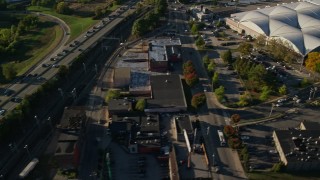 6k aerial stock footage flying by interchange, reveal US Post Office warehouse, Providence, Rhode Island Aerial Stock Footage | AX145_089