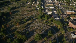 AX145_090E - 6k aerial stock footage of a bird's eye view of North Burial Ground and Main Street, Providence, Rhode Island