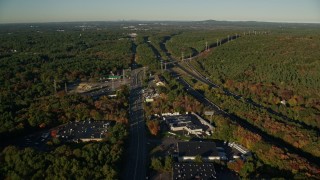 6k aerial stock footage of Boston Providence Highway, warehouses, Interstate 95, Walpole, Massachusetts Aerial Stock Footage | AX145_123E