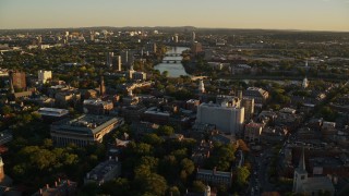 6k aerial stock footage flying by Harvard University, Cambridge, Massachusetts, sunset Aerial Stock Footage | AX146_022E