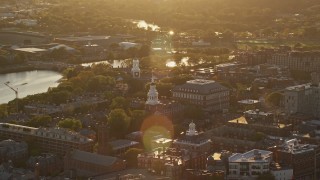 6k aerial stock footage orbiting Harvard University buildings, Cambridge, Massachusetts, sunset Aerial Stock Footage | AX146_025E