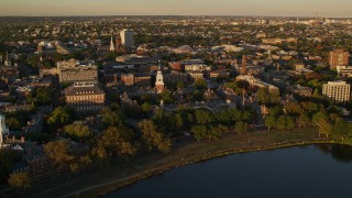 AX146_027E - 6k aerial stock footage orbiting Harvard University, Cambridge, Massachusetts, sunset