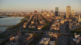 AX146_061 - 6k aerial stock footage flying by Back Bay Victorian brownstones, Downtown Boston, Massachusetts