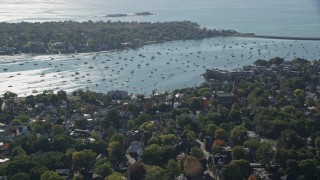 6K aerial stock footage orbiting Abbott Hall, coastal community near the harbor, Marblehead, Massachusetts Aerial Stock Footage | AX147_028E