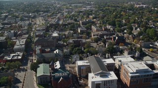 6K aerial stock footage passing by churches and office buildings, Salem, Massachusetts Aerial Stock Footage | AX147_044