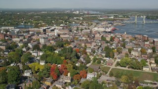 6K aerial stock footage of a wide angle of a coastal town in autumn, Portsmouth, New Hampshire Aerial Stock Footage | AX147_180