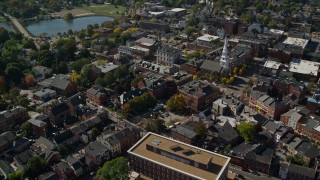 AX147_183 - 6K aerial stock footage of office buildings and streets in a small coastal town, autumn, Portsmouth, New Hampshire