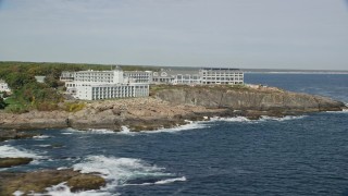 6K aerial stock footage approaching oceanfront homes, Cliff House Maine, autumn, York, Maine Aerial Stock Footage | AX147_246E