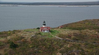 AX147_394 - 6K aerial stock footage orbiting Seguin Light on Seguin Island, autumn, Phippsburg, Maine