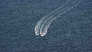 5.5K aerial stock footage of a boat in the middle of the water, Trenton, Maine Aerial Stock Footage | AX149_008