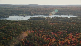 5.5K aerial stock footage flying over forest with fall foliage along a river, Blue Hill, Maine Aerial Stock Footage | AX149_015