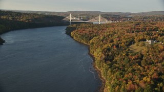 AX149_093E - 5.5K aerial stock footage approaching the Penobscot Narrows Bridge, autumn, Stockton Springs, Maine