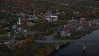 5.5K aerial stock footage flying by small bridge, downtown, Superior Court, autumn, Augusta, Maine, twilight Aerial Stock Footage | AX149_234E