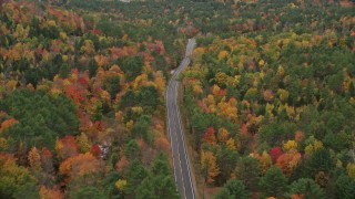 5.5K aerial stock footage flying over Buckfield Road, forest of brightly colored trees, autumn, Paris, Maine Aerial Stock Footage | AX150_081