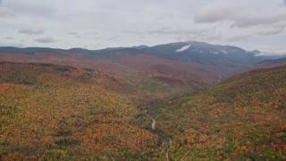 5.5K aerial stock footage flying by colorful, dense forest, Mount Washington, overcast, White Mountains, New Hampshire Aerial Stock Footage | AX150_183