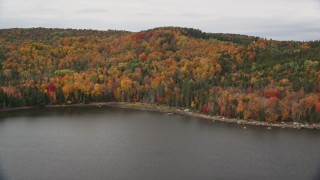 5.5K aerial stock footage approaching, flying over colorful forest, Thurman W Dix Reservoir, autumn, Orange, Vermont, reveal Barre Aerial Stock Footage | AX150_336E