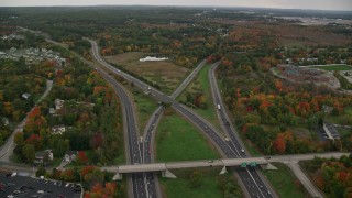 5.5K aerial stock footage flying over Interstate 93, Interstate 293 interchange, autumn, overcast, Manchester, New Hampshire Aerial Stock Footage | AX152_047