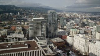 5.5K aerial stock footage flying over Fox Tower, tracking Park Avenue West Tower, autumn, Downtown Portland, Oregon Aerial Stock Footage | AX153_057