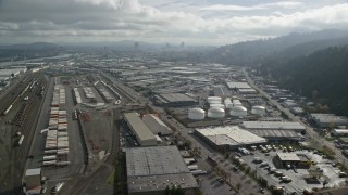 5.5K aerial stock footage flying over warehouses in an industrial area, Northwest Portland, Oregon Aerial Stock Footage | AX153_063E