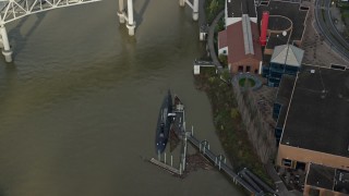 AX153_072 - 5.5K aerial stock footage of USS Blueback submarine docked in Southeast Portland, Oregon