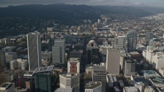 5.5K aerial stock footage approaching skyscrapers and high school sports fields in Downtown Portland, Oregon Aerial Stock Footage | AX153_084E