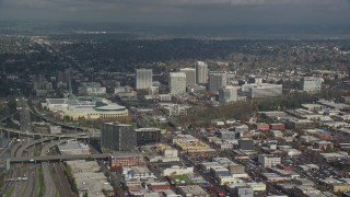 5.5K aerial stock footage of Oregon Convention Center and office buildings in Lloyd District of Portland, Oregon Aerial Stock Footage | AX153_091