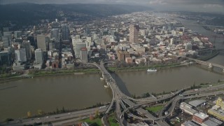 5.5K aerial stock footage of Downtown skyscrapers seen from the Morrison Bridge in Downtown Portland, Oregon Aerial Stock Footage | AX153_092