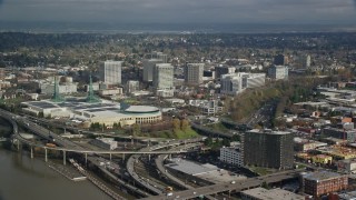 5.5K aerial stock footage of Oregon Convention Center and office buildings in Lloyd District, Portland, Oregon Aerial Stock Footage | AX153_100